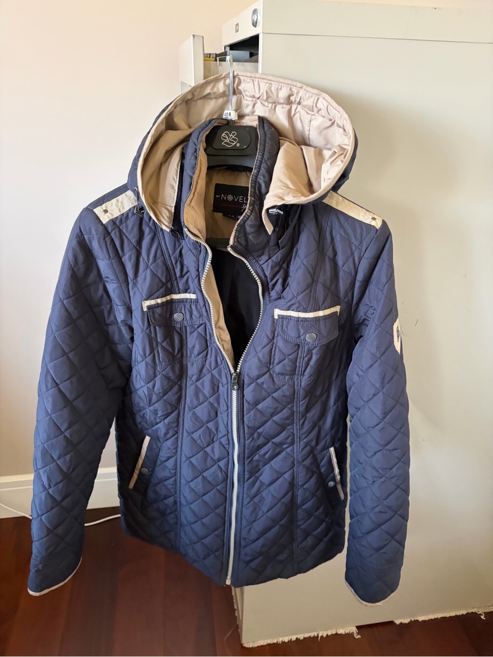 Quilted Hooded Jacket - Navy/Beige
